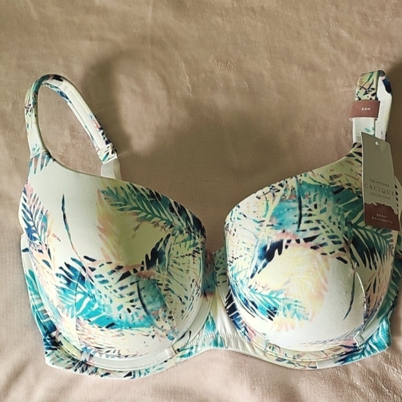 Cacique Aqua Coral & Blue Underwire BRA Tropical Print BOOST BALCONETTE new